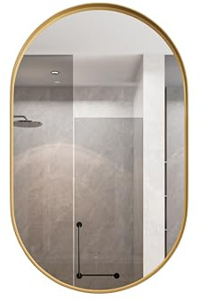 LANSEISTENJI Moderner Ellipse Badezimmerschrank mit Spiegel – Metallrahmen, mit verstellbaren Einlegeböden, integrierten Glasböden, wandmontiert (Gold, 12.00 * 51.50 * 85.00CN)