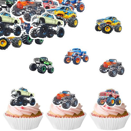 ALEGRE 48 Stück Essbare Tortendeko Monstertruck Geburtstag Deko | Esspapier Auto Cupcake Deko, Happy Birthday Tortendeko Auto, Essbare Monster Truck Kuchendeko, Truck Muffin Deko Geburtstag