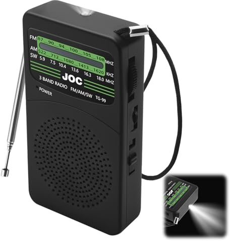 Radio Portátil Am FM SW Analógica, Mini Receptor Multibanda a Pilas AA con Altavoz 3 W, Linterna Led, Jack 3,5 Mm, Clip, Correa para Viaje, Camping, Apagones, Casa, Emergencia Día del Padre