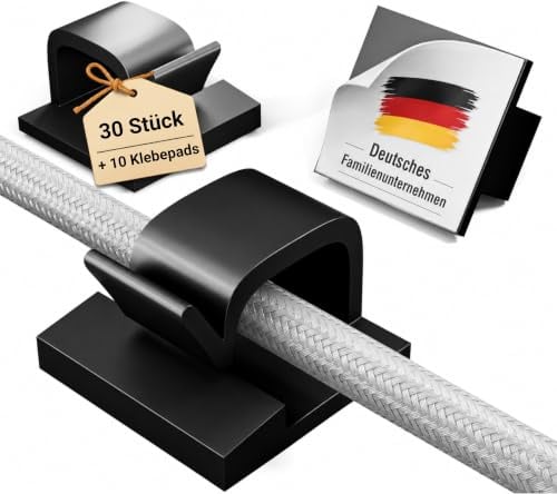 Kabelhalter selbstklebend 30 Stück inkl. 10 Ersatzpads – Schwarz | Geeignet für Kabel bis 6 mm – Kabelclips selbstklebend für saubere Kabelführung, ideal für Schreibtisch, Büro & Zuhause