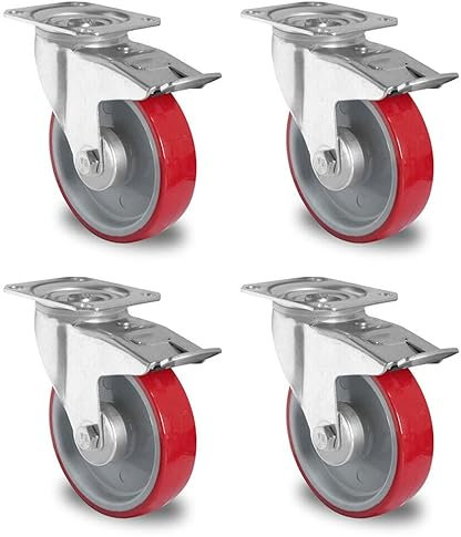 Rollensatz 4 Lenkrollen mit Feststeller 125 mm Polyurethan rot
