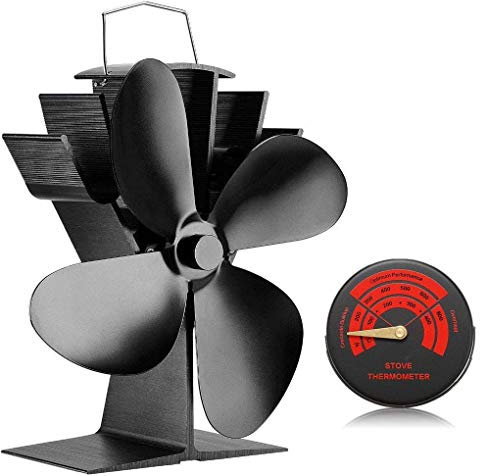 Silent Log Wood Burner Heat Powered Stove Fan with 4 Blade & Stove Thermometer for Fireplaces-Eco Friendly Circulation [A+++]