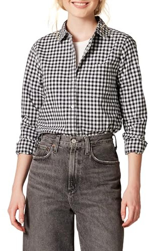 Amazon Essentials Women's Regular-Fit Long-Sleeve Button-Down Poplin Shirt, Black White Gingham, XS