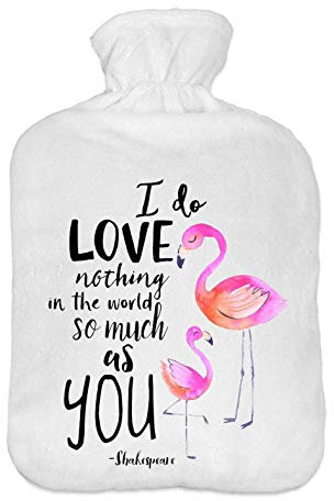 Wärmflasche mit Pullover Bezug 2 Liter Bettflasche mit schönen Fleece-Druck Bezug Gummi Wärmflasche mit Deckel Flamingo-Liebe [092].