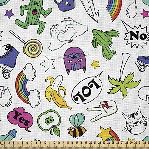 ABAKUHAUS Emoji Stoff als Meterware, Bunte 80er Comic Set, Microfaser Stoff für Dekoratives Basteln, 1M (230x100cm), Weiß Blau Grün