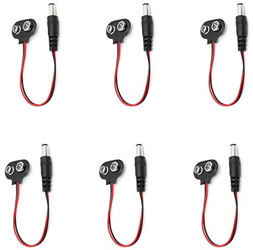 RuiLing 6-Pack 9V Battery Clip Clamp with 2.1mm X 5.5mm Male DC Plug and 5.9 Inch Lead Wire 9V Battery Button Battery Hold.