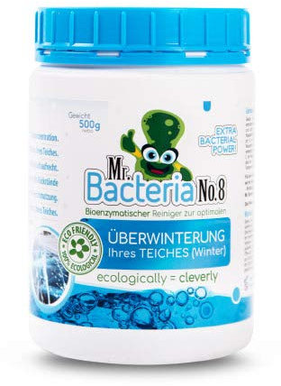 Mr.Bacteria No.8 Gartenteich Reiniger für optimale ÜBERWINTERUNG Ihres Teichklar, Teichpflege, Teichpflegemittel und Wasserklärer zu klar von grünem Wasser im Gartenteich (Winter) 500g - 1 Stück