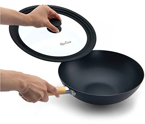Uno Casa Wok Induction - Poêle Anti Adhésive en Acier Carbone - Sauteuse Induction 30.5 cm avec Couvercle - Poêle Fonte à Fond Plat - Cuisson Intérieure et Extérieure