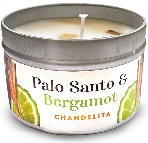 Chandelita Duftkerze mit Palo Santo und Bergamotte - Aroma Kerze - Mit Ätherische Öle Naturrein - Mit Stücken, Mit Sojawachs Zur Reinigung Und Meditation - Chakra Kerze - Aromatherapie Kerze