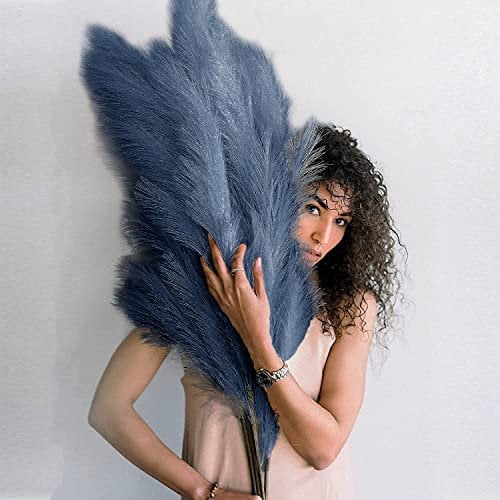 Faux Pampas Grass Large, 43/110cm Bundle of 3 Fake Blue Pampas Grass Decor Tall Fluffy Stems, Decorative Tall Artificial Flowers Large Floor Vase Boho Decor for Home Wedding Arrangement Blue