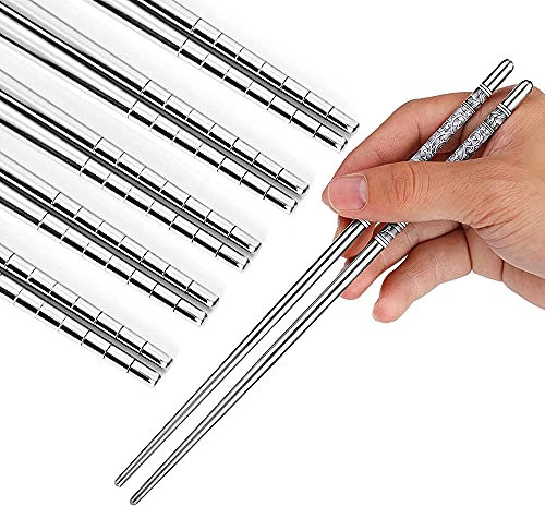 Juego de 5 pares de palillos de acero inoxidable, palillos de metálicos reutilizables, aptos para lavavajillas, ligeros y fáciles de usar (con patrón porcelana)