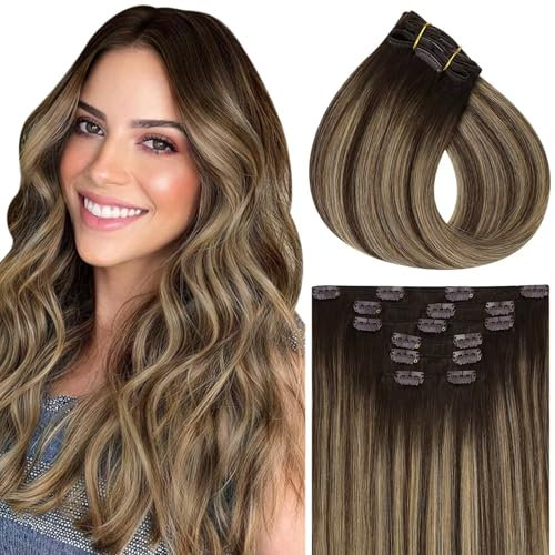 Vivien Ombre Clip in Extensions Echthaar Balayage Braun Haarverlängerungen Echthaar Clip Extensions Ombre Mittelbraun bis Honigblond 16 Zoll 120g 7 Stücke