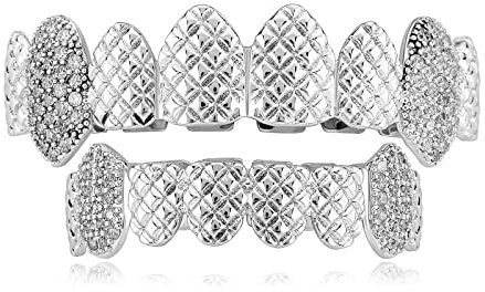 ICEDIAMOND Personality Trend geprägte Reißzähne CZ-Diamant Zähne tragen Grill, vergoldet Hip Hop Iced Out Bling Zirkonia Charm Zahnschmuck für Männer Frauen (White)
