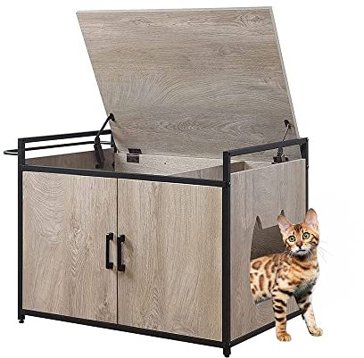 unipaws Large Wooden Cat Litter Box Enclosure, Indoor Hidden Litter Box with Top Opening and Side Bar, Cats Washroom Storage Bench for High Jumbo Litter Box, Automatic Litter Box Hidden, Grey