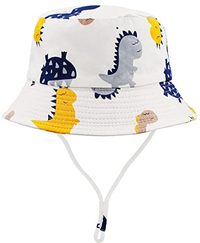 FenFang Sonnenhut Baby Kinder, Dinosaurier Fischerhut Kind Jungen Mädchen, Breite Krempe Sonnenmütze Verstellbar, Eimerhut Strandhut Kappe Mütze Frühling Sommer (2-4 Years, Weißer Dinosaurier)