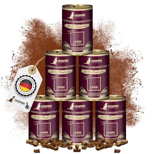 Escapure Adult Nassfutter Lamm 6 x 400g Dose - 86,5% pures Lammfleisch Hundefutter - Dosenfutter Lamm ohne Zusatzstoffe - Ergänzungsfuttermittel für ausgewachsene Hunde frei von Getreide