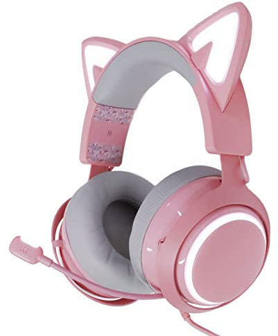 ASHATA Gaming Headset,USB Wired Gaming Headphones with Cat Ear for PC/MAC/ with 7.1 Surround Sound Noise Cancelling, Detachable Cat Ear and Mic, LED RGB Lighting