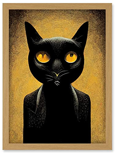 Doppelganger33 LTD Black Cat Le Chat Noir Modern Mustard Artwork Framed Wall Art Print A4