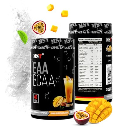 BCAA&EAA ZERO 520g | BCAA Pulver | EAA Pulver | Aminosäuren EAAs und BCAAs Vegan | Instant | 7,66 g Aminosäuren | Kein Farbstoff | mit vitamin B6 | Deutschland | (Mango Maracuja)
