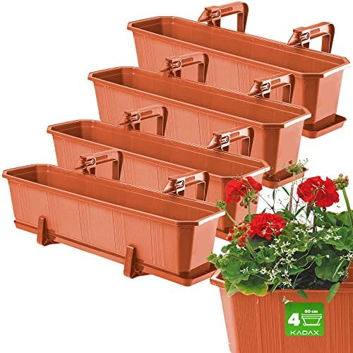KADAX Set 4x60cm Blumenkasten Terracotta, Balkonkasten aus Kunststoff, Pflanzkasten für Blumen und Kräuter, Widerstandsfähiger Balkontopf, Pflanzkübel für Balkon