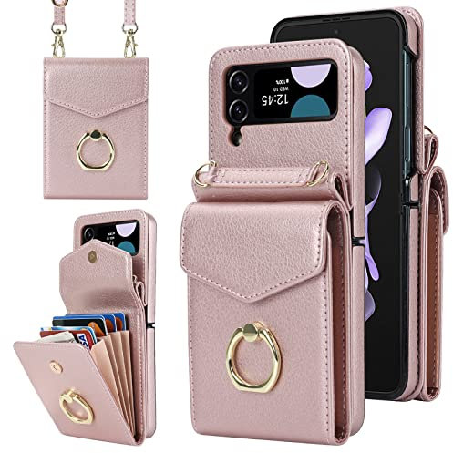 SINQERISHT Handykette Handyhülle für Samsung Galaxy Z Flip 4 5G 2022 Wallet Hülle PU Leder Case mit Kartenfach, Brieftasche mit 360° Ring Ständer Klapphülle Magnetverschluss Cover(Roségold)