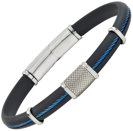 10:10 Bracciale Uomo Acciaio Inox, Silicone Biocompatibile Colore Nero Verde Blu Giallo Rosso Cavetto PVD, Misura Regolabile, Made In Italy