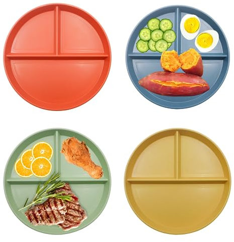 LOREC 4 Pezzi Set Piatti Bambini Riutilizzabile Piatti Bambini Plastica Dura Piatti per Bambini con 3 Scomparti Piatti Piani Infrangibili Adatto a Microonde e Lavastoviglie