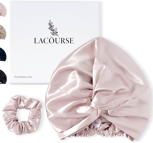 LaCourse Seidenhaube zum Schlafen aus Echte 100% Maulbeerseide mit 22Momme auf beiden Seiten, Schlafhaube Seide für Haare mit hochwertigem Elastikband Bleiben am Kopf (Einheitsgröße, Rosa)