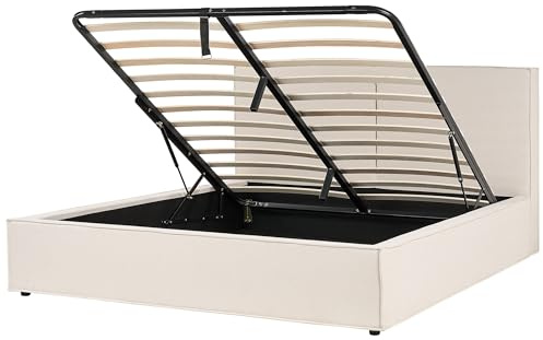 Beliani Bett mit Stauraum Beige Stoff 180x200 Polsterbett Hohem Kopfteil | Belastbarkeit 300 kg, 180 x 200 cm, 100% Polyester