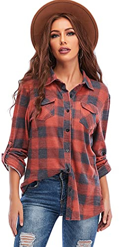 Jhsnjnr Chemise décontractée à carreaux à manches longues pour femme, rouge, bleu marine., L