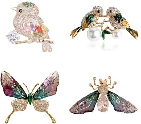 OCKULT Broche oiseaux en cristal, broche oiseau en cristal, rouge-gorge/papillon, bijoux élégants, cadeau de Noël et de mariage pour femmes, hommes, garçons et filles, 4PCS, Métal