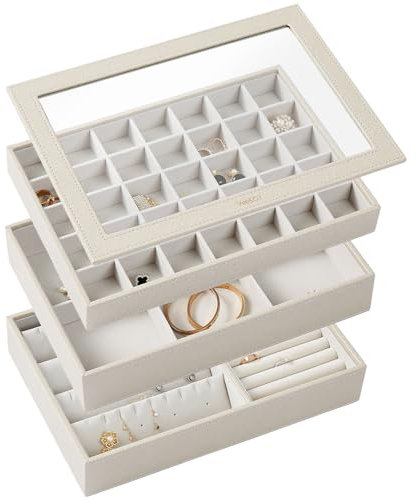 Vee Schmuckkästchen,Schmuckkasten mit 3 Ebenen,Schmuckaufbewahrung mit Glasdeckel,Schmuckschatulle Stapelbar,viel Stauraum,PU Leder Schmuck Organizers,Geschenk für Mädchen Frauen,Grau,30x21x15cm