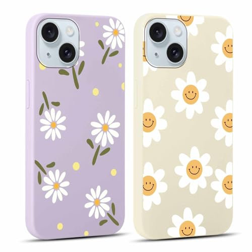 Yoedge 2 Stück HandyHülle für iPhone 15 Hülle 6,1, Mädchen Schutzhülle Blumen Muster Aesthetic Design,Frauen Geschenk Weich TPU Silikon Stoßfest Cover Case für iPhone 15, Lila Blume