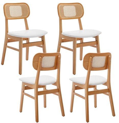 chairus 4er Set PU Leder Esszimmerstühle für Küchen Rattan Akzentstühle für Esszimmer Polsterstuhl mit Massivholzbeinen für Wohnzimmer (Weiß-4)