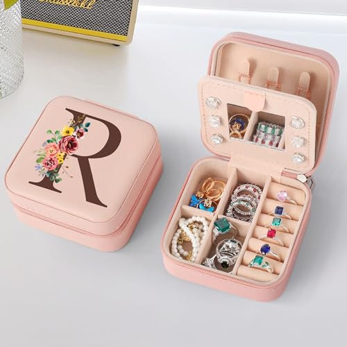 Initiale Schmuckkästchen Kleine Schmuckkästchen mit Namen Initiale R und Blume Schmuckkästchen Travel Organizer Box mit Spiegel für Damen Mädchen Geschenk für Geburtstage, Weihnachten, Muttertag