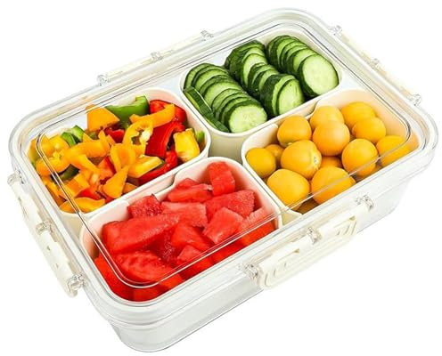 Vassoio da portata diviso in plastica con coperchio e manico, contenitore per snack, salumi, portatile, organizer per caramelle, frutta, snack, noci, per feste, intrattenimento (bianco 4 scomparti)