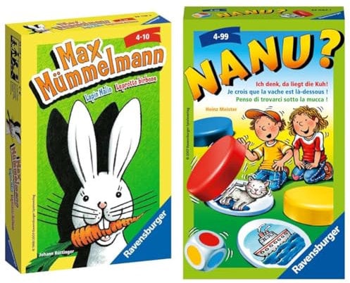 Ravensburger 23119 - Max Mümmelmann, Mitbringspiel für 2-4 Spieler & 23063 - Nanu? Mitbringspiel für 2-4 Spieler, Merkspiel ab 4 Jahren, kompaktes Format, Reisespiel, Würfelspiel
