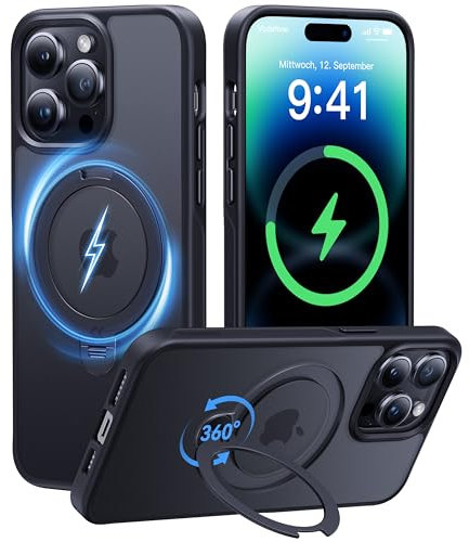 CASEKOO 360° MagicStand (Pro-Version) für iPhone 14 Pro Max Hülle für MagSafe [Unsichtbarer Ständer] [Militärschutz] Stoßfest Kratzfest Schutzhülle Griffig Case Dünn Handyhülle - Edel Schwarz