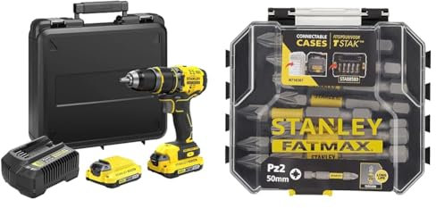 Stanley FATMAX Perceuse à Percussion sans Fil 18V Lithium Ion 80 Nm Moteur Brushless 35 700 cps/mn & FATMAX Coffret 10 pièces Embouts de Vissage Impact Torsion 50 mm Pz2 Gamme FATMAX Robuste
