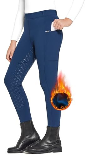 FitsT4 Sports WinterReithose Kinder Winter Reitleggings Mädchen Silikon Vollbesatz Thermo Reithose mit Handytasche und Taschen,Militärblau,XS
