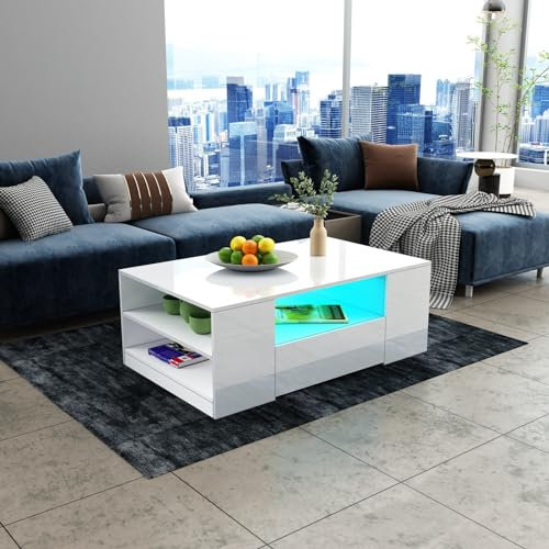 Couchtisch, Moderner Couchtisch, Wohnzimmertisch mit 2 Schubladen & Offenes Regal All Hochglanz Kaffeetisch Rechteck Wohnzimmermöbel 95x55x37cm - Weiß mit LED Beleuchtung