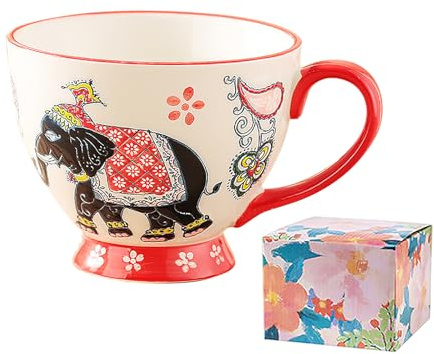 Vintage Teetasse Bunt Handbemalt Kaffeetasse Becher Geschirr Große Tasse Keramik Handgetöpfert Kaffeebecher Porzellan Cappuccino Tasse Coffee Milk Tea Mug 480ml (Elefant(weiß))