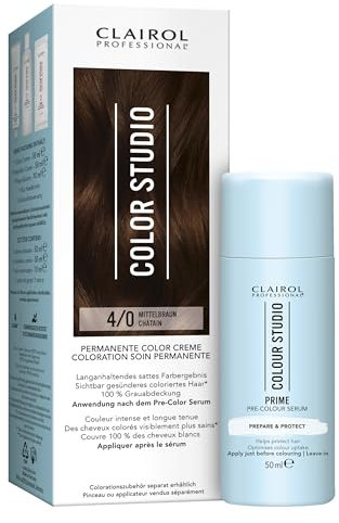 Clairol Professional Color Studio Haarfärbe-Set – Haarserum zur Vorbeugung von Schäden beim Haare färben (50 ml) + Haarfarbe Mittelbraun 4/0 (110 ml) – mit Metal-Purifier für 6 x weniger Haarbruch