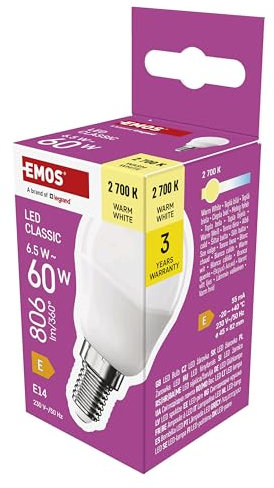 EMOS LED Lampe Mini Globe, 6,5W Ersatz für 60W Glühbirne, kleine Birne mit E14 Sockel, Helligkeit 806 lm, Warmweiß 2700 K, 30000 h Lebensdauer, CRI min. 80, 150° Abstrahlwinkel