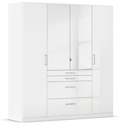 Rauch Möbel Homburg, Drehtürenschrank, Kleiderschrank mit Spiegel, Garderobe, Aufbewahrung, Ordnungssystem, Schrank, 4-türig, 2 Spiegeltüren, 4 Schubladen, Farbe Hochglanz Weiß/Alpinweiß, 181x197x54cm