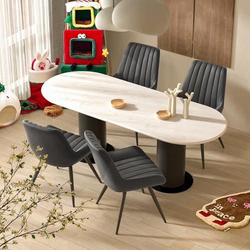 Hawthyhome Esszimmerstühle 4er Set | Polsterstühle mit 5 cm Sitzkissen • künstlicher Stoff Dining Chair • Küchenstuhl mit Rückenlehne • Moderne Sessel • Metallbeine • Dunkelgrau FU01043DG-4