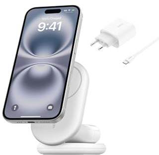 Belkin BoostCharge Caricabatteria magnetico pieghevole 2 in 1 con Qi2 15 W, caricatore wireless MagSafe compatibile, ricarica rapida per Apple iPhone 16/15/14, base antiscivolo, alimentatore, bianco