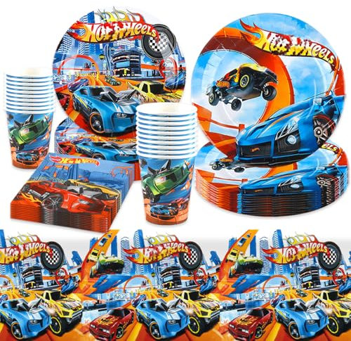 Chukua Pappteller Kindergeburtstag Deko Jungen Mädchen - Autos Geburtstag Geschirr Set Hot Geburtstagsdeko Wheels Partygeschirr Cars Party Supplies Deko Tischdecke Servietten Teller Tassen 10 Gäste