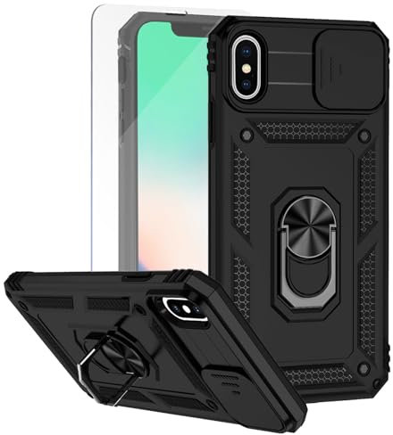 Teayoha for iPhone Xs Max Phone Case, with Screen Protectors and Camera Cover, Military Grade Shockproof Cover with Magnetic Rotatable Ring Kickstand Protective Case for iPhone Xs Max,Black