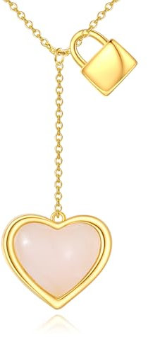 VONALA Love Heart Gold Plated 925 Sterling Silver Necklace Rose Quartz Y Necklace Pink Pendant Jewelry Gift for Women Birthday Christmas